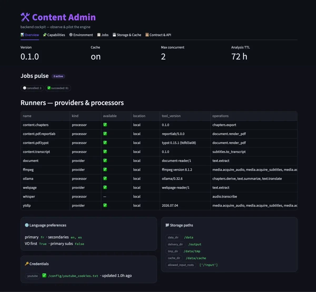 Content Console showing jobs, runners, storage and configuration