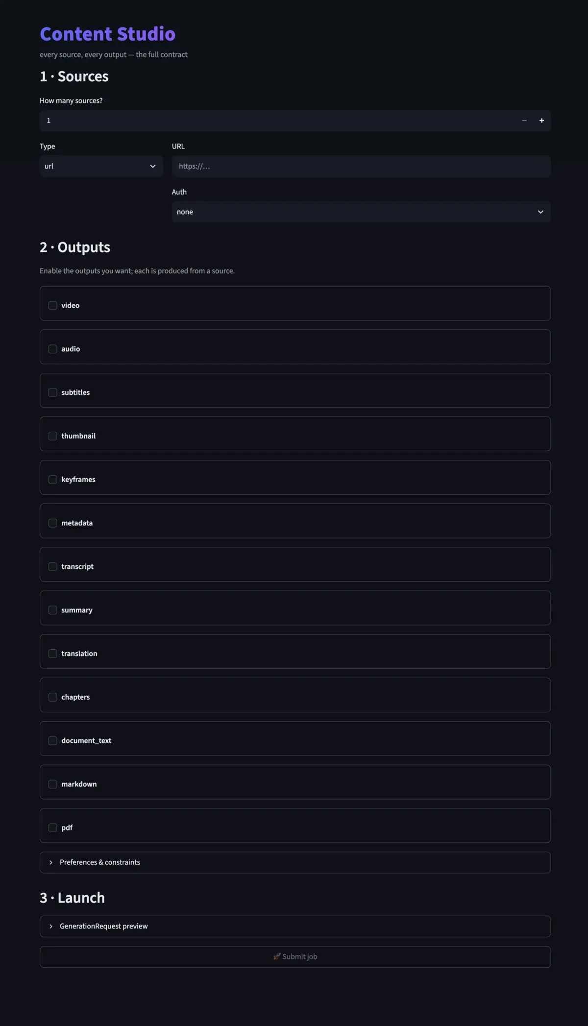 Content Studio: the general-purpose request builder listing sources, resolved capabilities and outputs